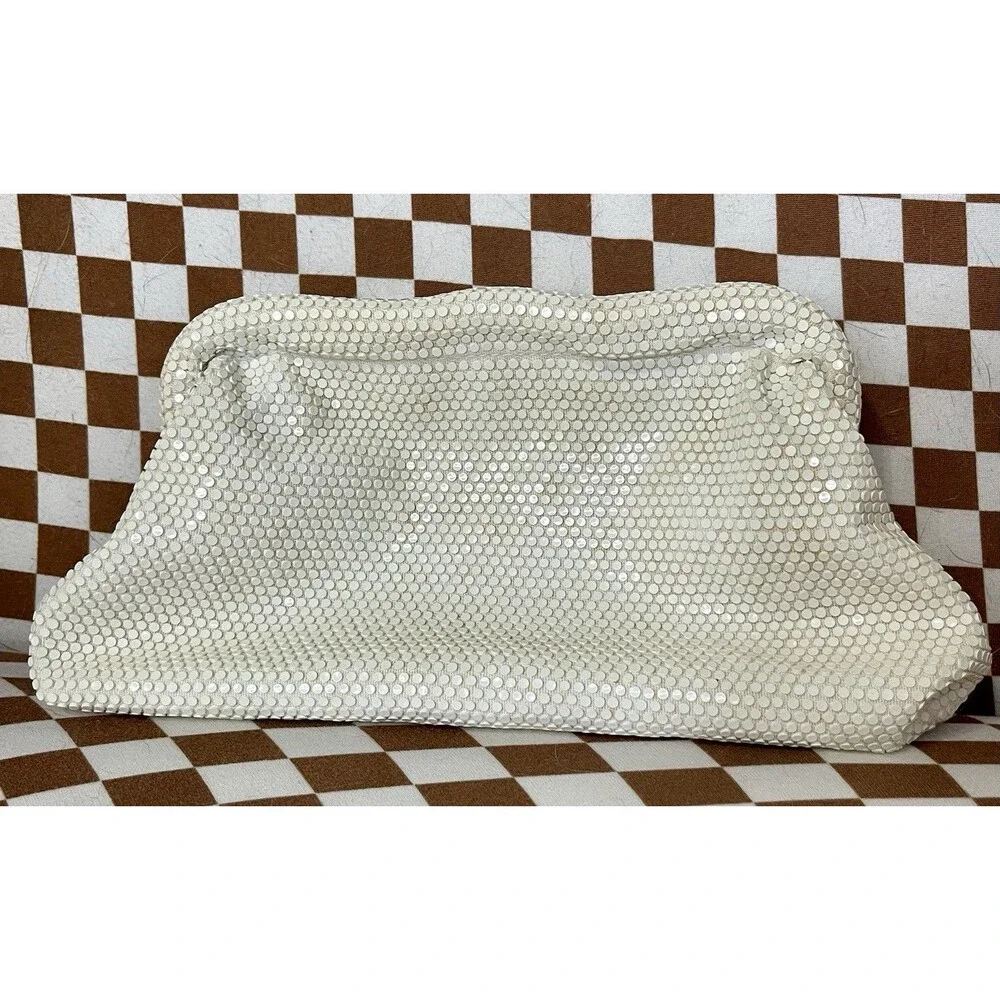 Vintage White Metal Mesh Clutch Purse Mid Century Gate Mouth Evening Bag Bridal